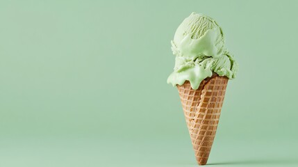 Wall Mural - A melting green ice cream cone on a light green background.