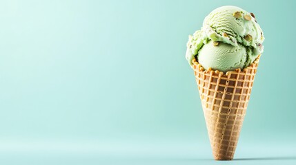 Poster - A waffle cone filled with pistachio ice cream on a light blue background.