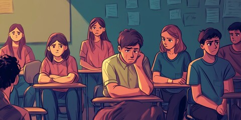 Students sitting in a classroom with a bored expression.