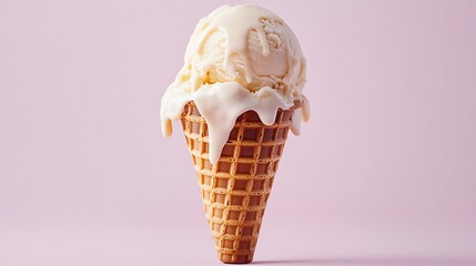 A melting ice cream cone with vanilla ice cream on a pink background.