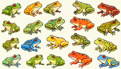 Wall Mural - Different frogs in shape, size and color next to each other in an illustrative style 