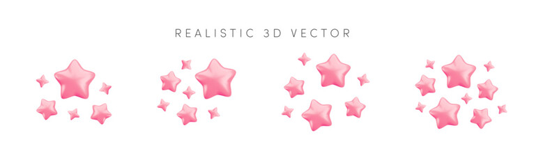 Wall Mural - vector 3d pink sparkling star collection on white background. cute realistic cartoon 3d render, past