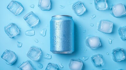 Flat lay of cold beverage can with ice cubes. Summer refreshing drink