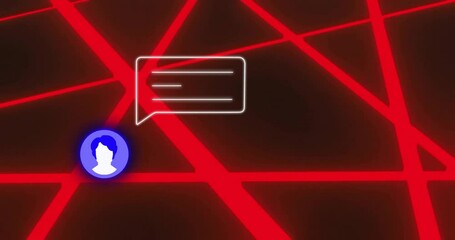 Poster - Animation of social media icons over neon shapes on black background