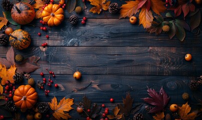 Seasonal Background, with Autumn Leaves, Pumpkins and Berries on a Dark wood Tabletop. Thanksgiving Concept with copy space