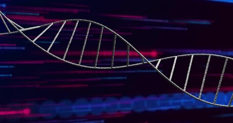 Poster - Animation of dna strand over colourful light trails on black background
