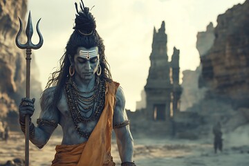 Shiva, the Destroyer God, with his Trishul in a Desolate Landscape.