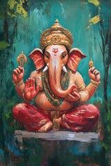 Oil Painting of the Hindu God Ganesha Sitting in a Forest Setting.