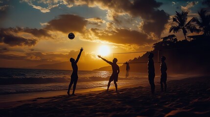 Sticker - Silhouettes of people playing volleyball on a beach at sunset.