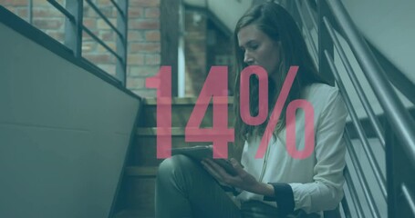 Poster - Animation of growing number over caucasian businesswoman using tablet