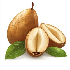 Wall Mural - Fresh sapote fruit with green leaves, showcasing a smooth brown exterior and creamy interior, perfect for health and culinary use.