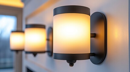 Wall Mural - A wall mounted lights on a white wall with three lamps, AI