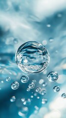 Poster - Close-up of water bubbles in clear blue liquid, abstract art. Refreshing and purity concept
