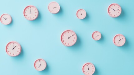 Poster - Decorative wall clocks arranged artistically against a bright blue background showcasing various times and styles
