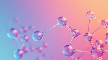 Poster - A close up of a molecule structure made up of shiny transparent orbs connected by thin lines on a pink and blue background.