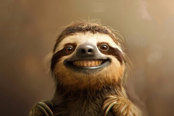 Wall Mural - Adorable Smiling Sloth with Bright Eyes and Messy Fur on Orange Background