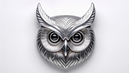 Wall Mural - Contemporary Silver Owl Face Emblem on a White Background