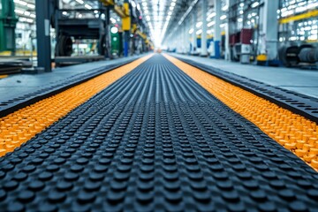 Black and Yellow Industrial Conveyor Belt with Circular Texture