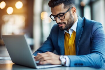 Poster - Focused Businessman Working Remotely. Freelancer Using Laptop in Cafe. Technology, Business Concept