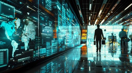 Aufkleber - A man is walking through a large room with many screens displaying information