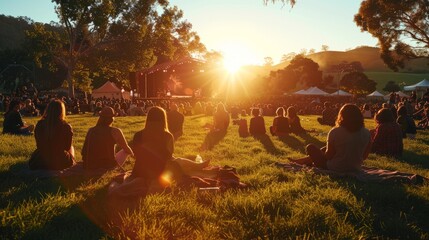 A group of people are sitting in a field watching the sun set