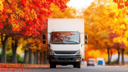 A white delivery truck driving through an autumn landscape with vibrant orange leaves lining the road.