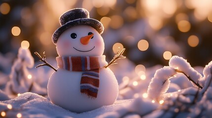 Poster - snowman with a snowy white body, adorned with a striped scarf and a small top hat, standing proudly in a winter scene 