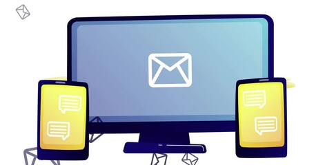 Poster - Animation of screens with speech bubbles and envelope icons on white background