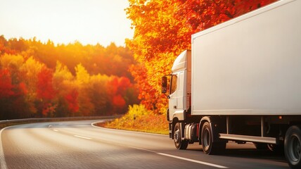 A white truck driving along a winding road, surrounded by vibrant autumn foliage under a golden sunset.