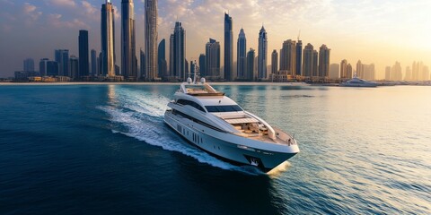 Luxury yacht cruising past Dubai skyline.