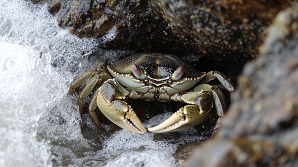 Wall Mural - A close-up of a crab with its claws raised, hiding in a crevice of rocks on the seashore.