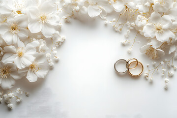 Wall Mural - wedding card in white colors with flowers and wedding rings. 