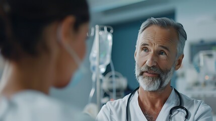 A doctor interacting with a patient in a hospital room, checking vital signs with a caring expression, with medical equipment visible in the background. 8k UHD, suitable for high-quality printing 