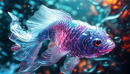 Sticker - Abstract underwater fantasy featuring digital crystal fish in a vivid technological landscape