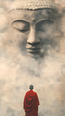 A serene scene where a monk in a vivid red robe stands with their back to the viewer, gazing up at a colossal, ethereal Buddha face that seems to form out of mist and smoke