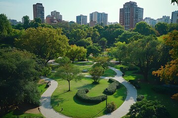 Wall Mural - It is a forest park in the city with beautiful green trees, grass, and warm sunlight, and well-maintained sidewalk blocks.