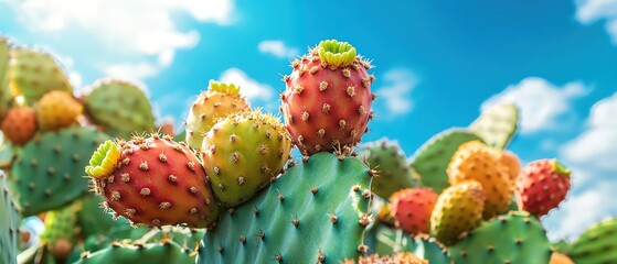 Vibrant prickly pear cactus fruit on a large green cactus plant under a bright blue sky