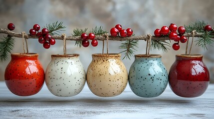 Wall Mural - a group of ceramic vases with berries on a branch. 