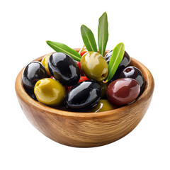 Wall Mural - Delicious black, green, and red olives with leaves in a wooden bowl