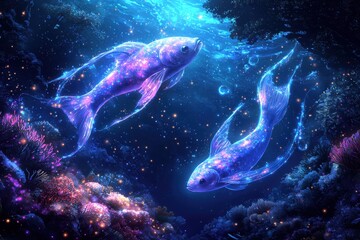 Wall Mural - Mystical underwater fantasy scene with ethereal glowing koi fish swimming among ethereal coral
