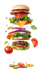 Wall Mural - Delicious burger with floating ingredients, isolated on white --ar 4:7 Job ID: 8b5b4903-e309-4dcc-8e03-b98b17ee65f6