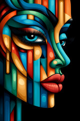 A colorful face with a red lip and blue eyes. The face is painted in a way that it looks like a painting