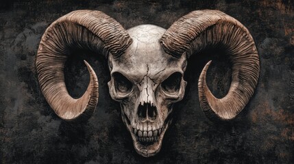 Poster - A skull with large horns on a grungy background, AI