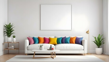 Photo modern style interior room 3d illustration Interior,Kitchen,Washrooms frame living room with colorful white sofa,led with blank frame