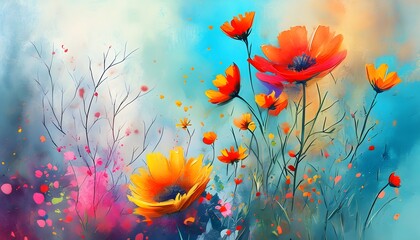 Abstract digital watercolor wildflower canvas design featuring generative graphics for a vibrant poster background