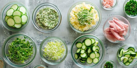 Flat lay of ingredients in glass mixing bowls for making ham cucumber and sprout sandwiches