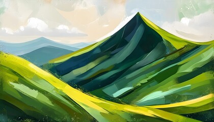 Wall Mural - Abstract green mountain top landscape illustration as a decorative painting background