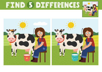 Poster - Find differences activity page for kids with cute girl and cow. Farm game for developing attention and concentration skills for school and preschool. Vector illustration