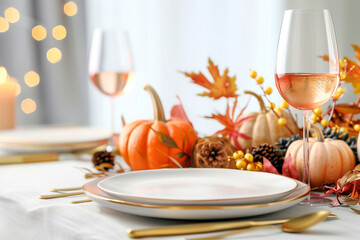 Table setting with pumpkins and wine for Thanksgiving dinner featuring autumn decorations and cozy ambiance