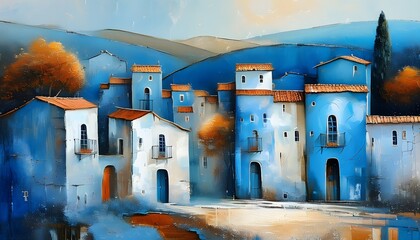 Wall Mural - Dreamlike Blue and White Countryside Landscape with Abstract Decorative Architecture